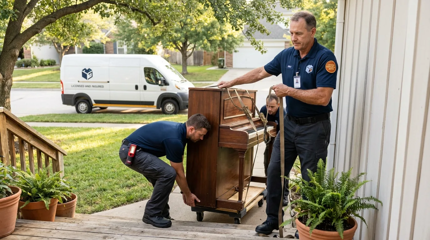 Licensed piano movers securing grand piano in Ogallala, NE