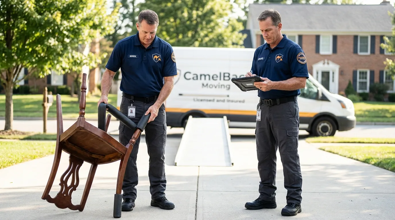 Movers inspecting furniture for damage prevention before loading in Ogallala, NE