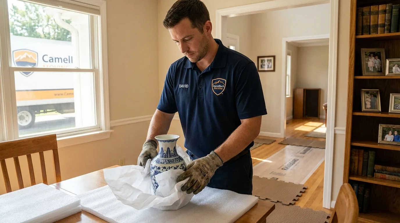 Professional crew carefully wrapping antique vase for senior downsizing move in Ogallala, NE